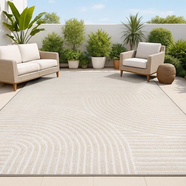 Hallie High-Low Minimalist Curve Geometric Beige/Cream 8 ft. x 10 ft. Indoor/Outdoor Area Rug