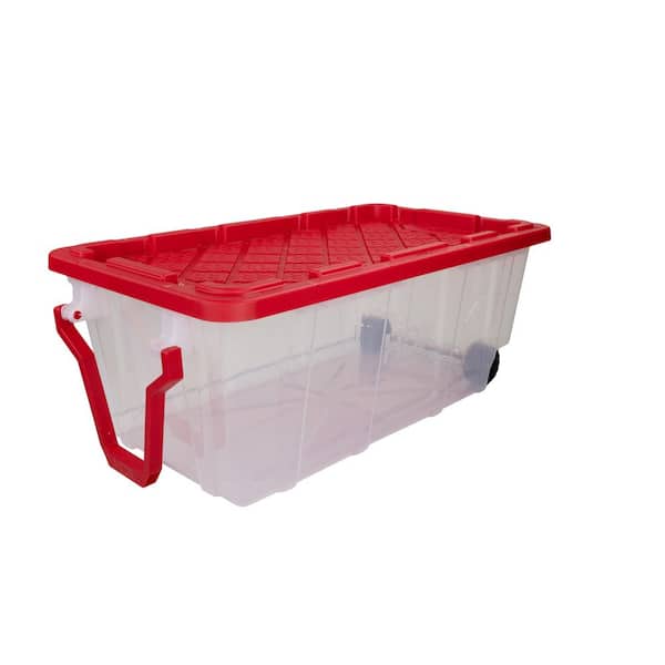 40 Gal. Tough Storage Tote with Wheels and Handle in Clear and Red