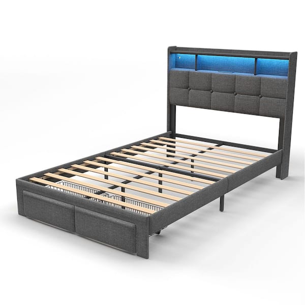 Dark Gray Wood Frame Full Size Upholstered Platform Bed with LED Lights, Charging Station, Headboard and 2-Drawers