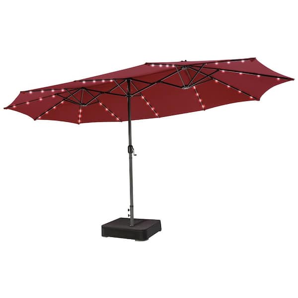 FORCLOVER 15 ft. Double-Sided Patio Market Umbrella with 48 LED Lights in Dark Red