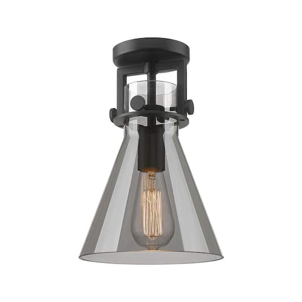 Newton Cone 8 in. 1-Light Matte Black Industrial Flush Mount with Smoked Glass Shade