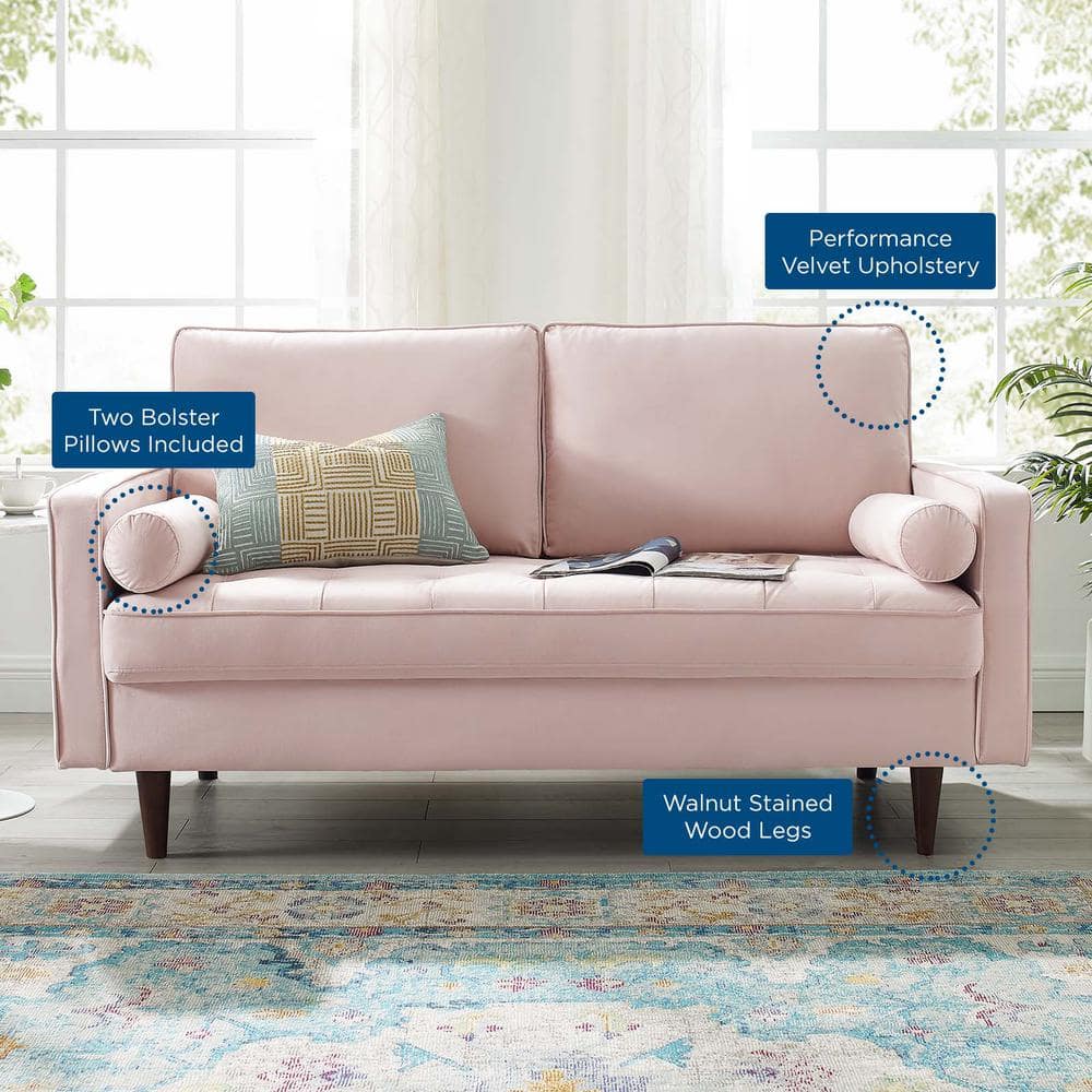 Pink Velvet Tufted Loveseat with Walnut Wood Legs