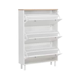 47.6 in. H x 31.5 in. W White Shoe Storage Cabinet with Wood Grain Pattern Top, Flip Drawers, Hooks and Adjustable Panel