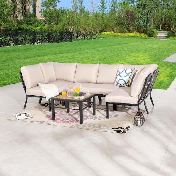 Patio Festival 7-Piece Metal Patio Conversation Set with Beige Cushions