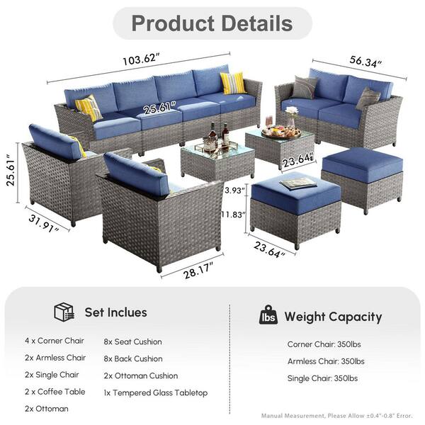 XIZZI Jasmine 12-Piece Wicker Outdoor Sectional Set with Denim