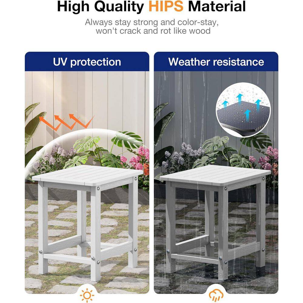 Infographic demonstrating UV protection and weather resistance of a white side table.