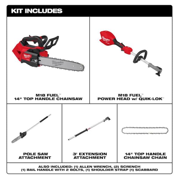 M18 FUEL 14 in. Top Handle 18V Battery Powered Brushless Cordless Chainsaw w/ M18 QUIK-LOK Pole Saw, Extra 14 in. Chain