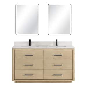 Porto 60 in. W x 22 in. D x 33.8 in. H Double Sink Bath Vanity in Natural Oak with White Quartz St1 Top and Mirror