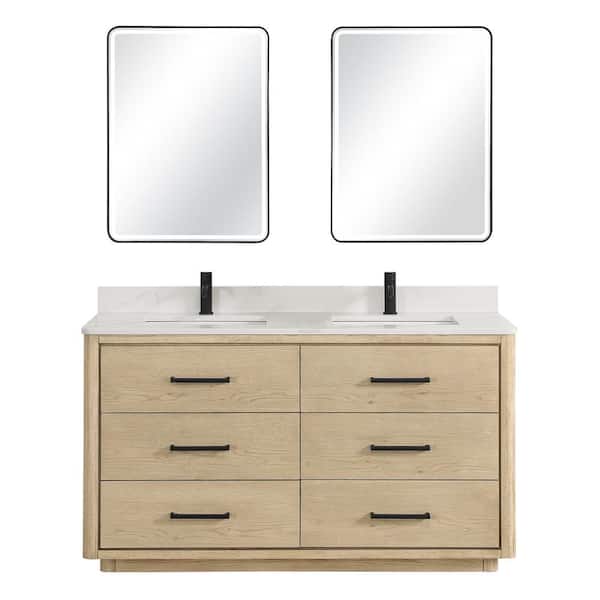ROSWELL Porto 60 in. W x 22 in. D x 33.8 in. H Double Sink Bath Vanity in Natural Oak with White Quartz St1 Top and Mirror