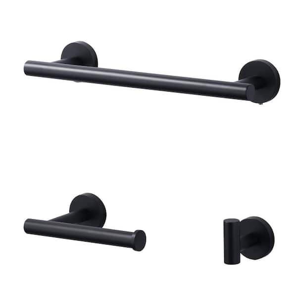 AVITAS 3-Piece Stainless Steel Bath Hardware Set with Towel Hook, Toilet Paper Holder and Towel Bar in Matte Black