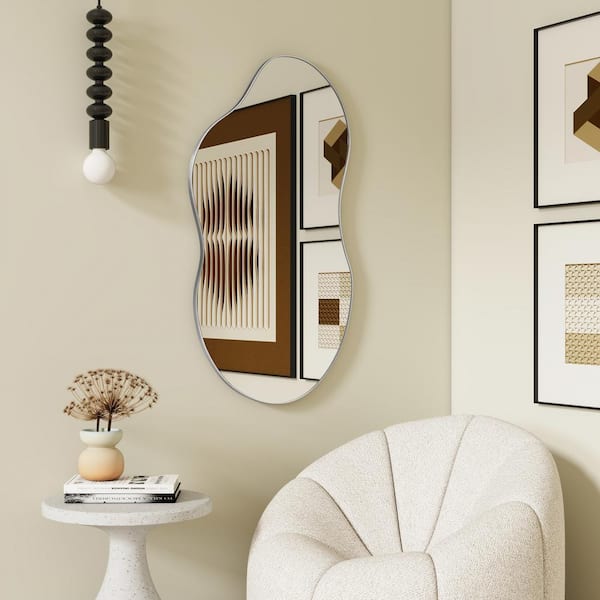 THKSHOUZ Silver 20 in. W x 32 in. H Irregular Metal Decorative Mirror