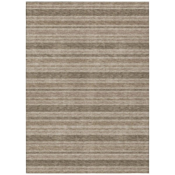 Taupe 9 ft. x 12 ft. Woven Striped Polyester Rectangle Indoor / Outdoor Area Rug