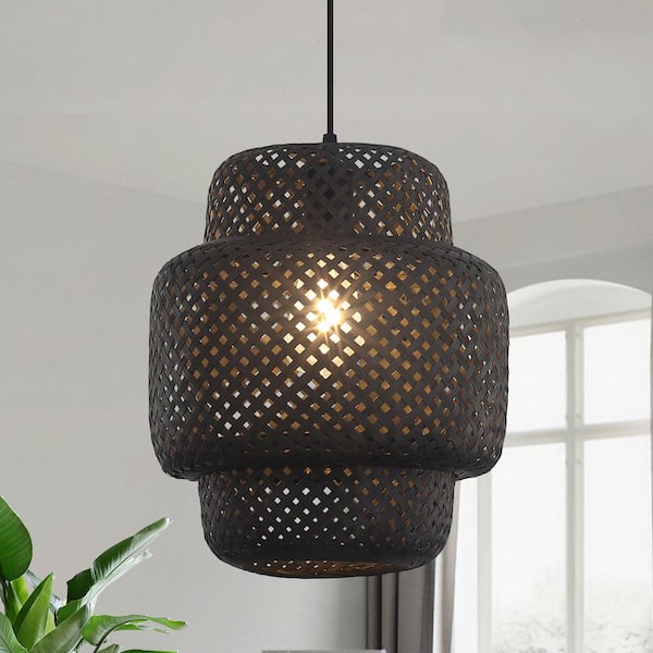 ZJVAIVE 1-Light Black Drum Hanging Pendant Light with Rattan Shaded for Kitchen Island