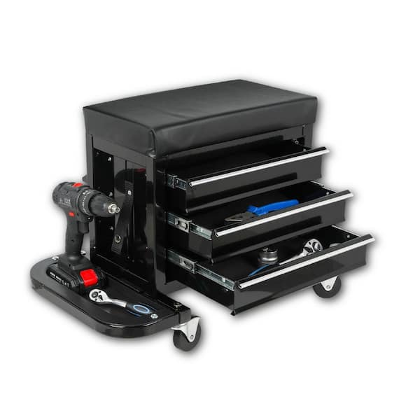 350 lb. Capacity Black Steel Rolling Creeper, Rolling Mechanic Seat with Tool Tray and 3 Built-in Drawers for Garage