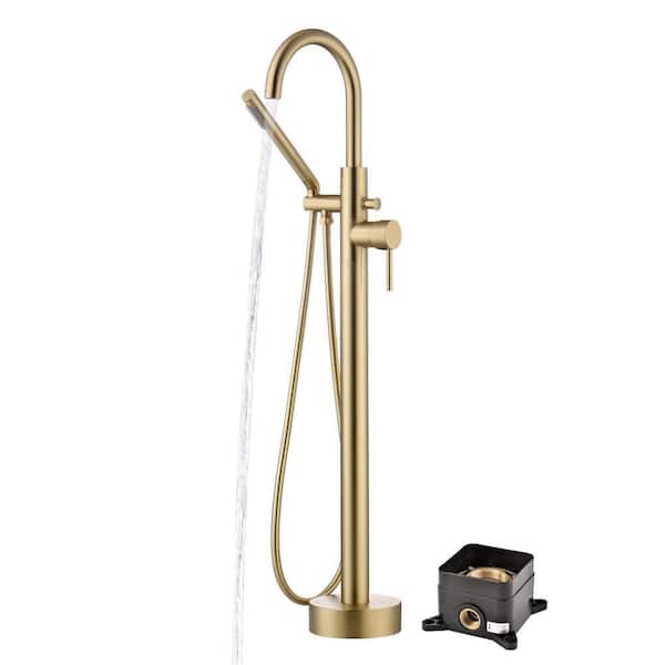 Modern Single Handle Freestanding Tub Faucet with Hand Shower in Brushed Gold