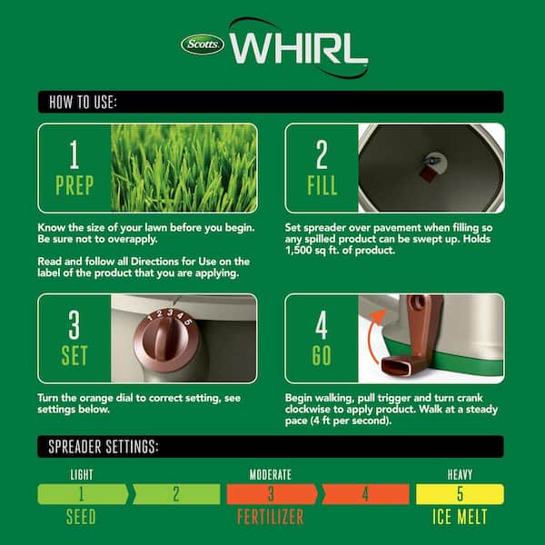 Scotts - Whirl Hand-Powered Spreader Holds up to 1,500 sq.ft., Handheld Spreader for Seed, Fertilizer, Salt and Ice Melt