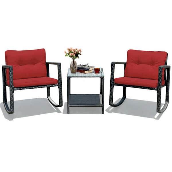 Clihome 3-Piece Wicker Patio Conversation Set with Red Cushions, Rocking Chair and Glass Coffee Table