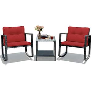 3-Piece Wicker Patio Conversation Set with Red Cushions, Rocking Chair and Glass Coffee Table