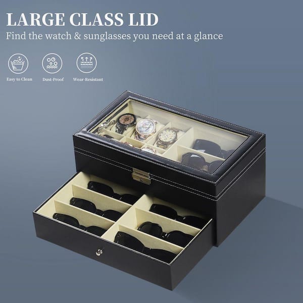6-Watch and 9-Glasses Storage Box-Lockable Leather Organizer