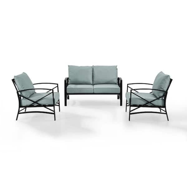 CROSLEY FURNITURE Kaplan 3-Piece Metal Patio Outdoor Seating Set with Mist Cushion - Loveseat, 2-Outdoor Chairs