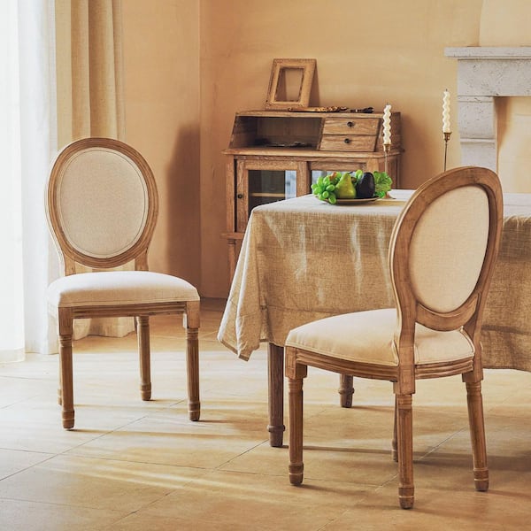 French Vintage White Fabric Linen Side Chairs Set of 2 with Carved Wood Legs and Round Back