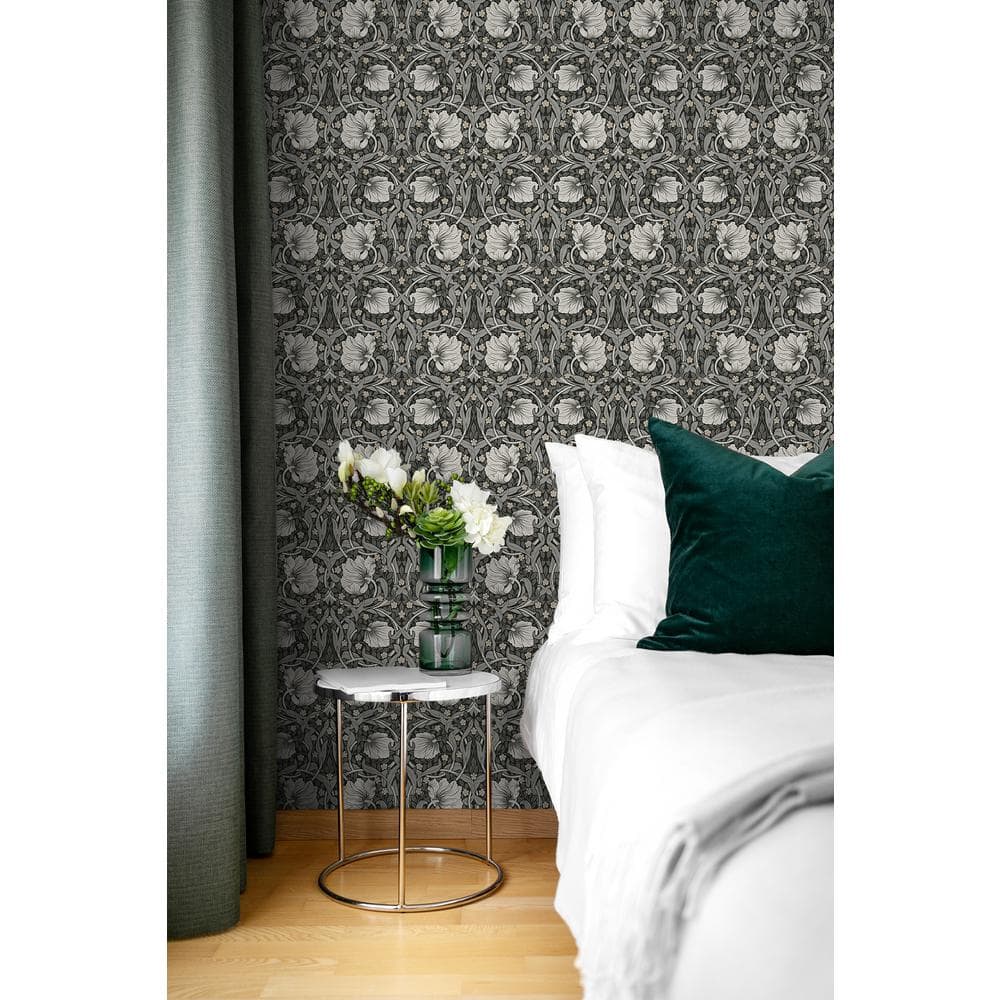 Charcoal and Pearl Grey Floral Peel and Stick Wallpaper