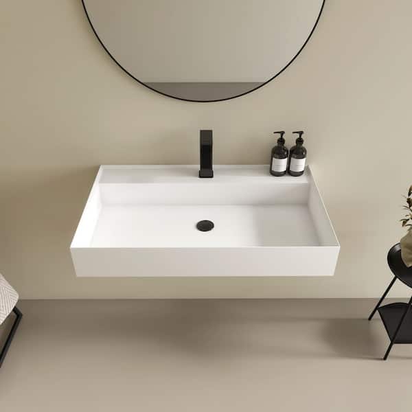 Velin 31 x 19 in. Solid Surface Wall Mount or Countertop Bathroom Vessel Sink with Faucet Holes in Matte White