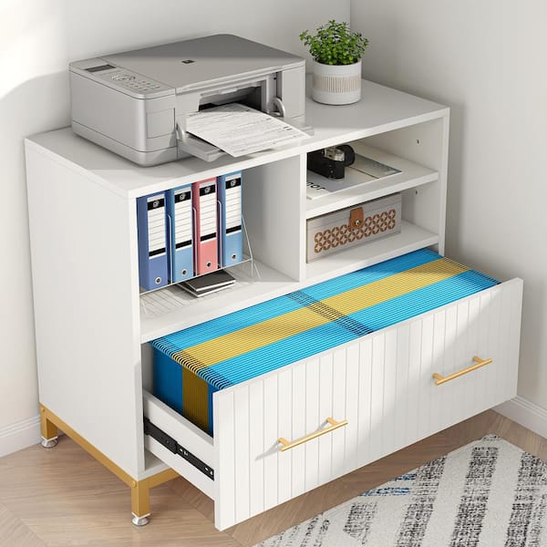 Atencio 1-Drawer White Wood 35.43 in. W Lateral File Cabinets with Adjustable Hanging Rod