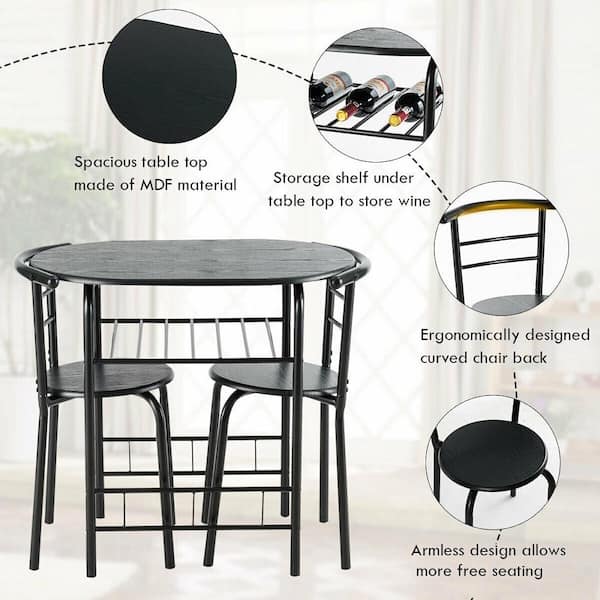 Black Apartment and Dining Room Modern Round Table Set with 2 Stools COSTWAY 3 Piece Dining Table Set for 2 Pub Table and Chairs Dining Set with Built in Storage Layer Space Saving for Kitchen