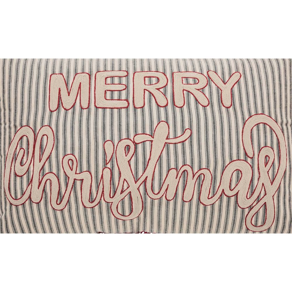 Merry Christmas Charcoal and Red Cotton Embroidered Throw Pillow