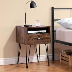 Nightstand 2-Tier Industrial End Side Table with Open Compartment & 1 Drawer, Brown，23.7"Tx15.7"Wx15.7"L