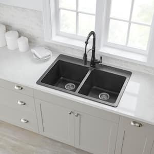 Stonehaven 33 in. Drop-In 50/50 Double Bowl Black Onyx Granite Composite Kitchen Sink with Stainless Steel Strainer