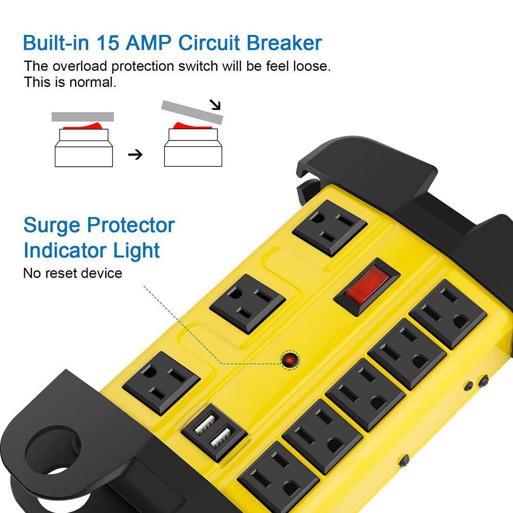 Yellow Heavy Duty Industrial Metal Power Strip with USB and 6 ft Cord
