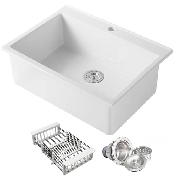 White Fireclay 30 in. Single Bowl Drop-in Mount Kitchen Sink with Basket Strainer
