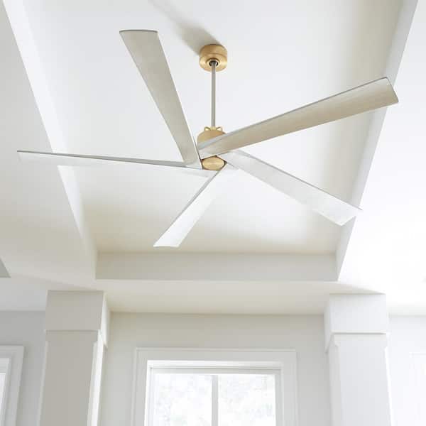 Aspen 70 in. Indoor/Outdoor Brushed Steel Ceiling Fan with Light Grey Weathered Oak Blades, DC Motor and Remote Control
