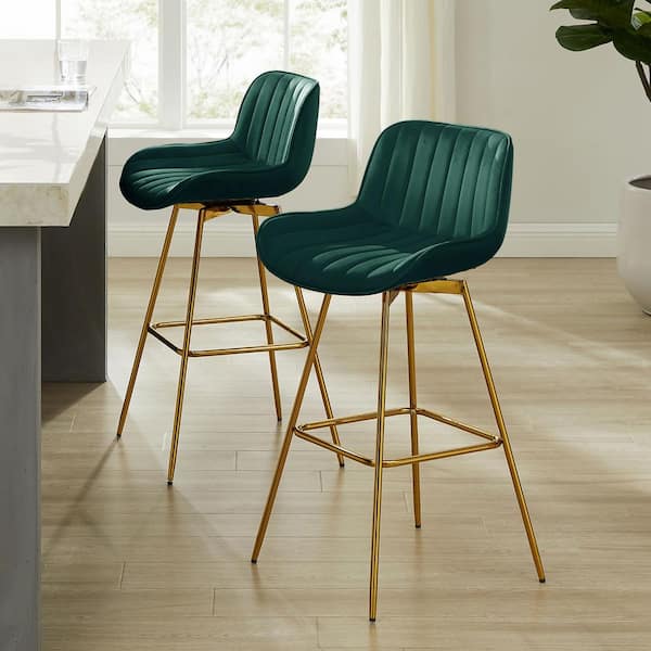 Art Leon Modern 38.78 in. Height Green Velvet Swivel Bar Stools with 4-Metal Foots and Low Back (Set of 2)