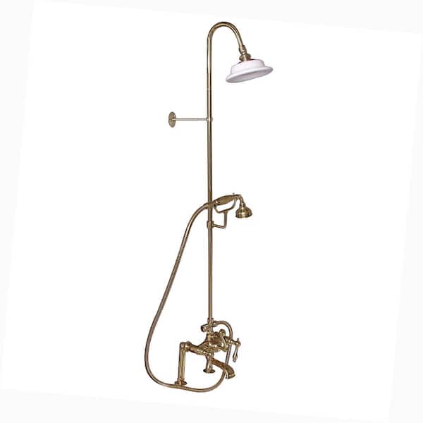 Barclay Products 3-Handle Rim Mounted Claw Foot Tub Faucet with Riser, Hand Shower and Shower Head in Polished Brass