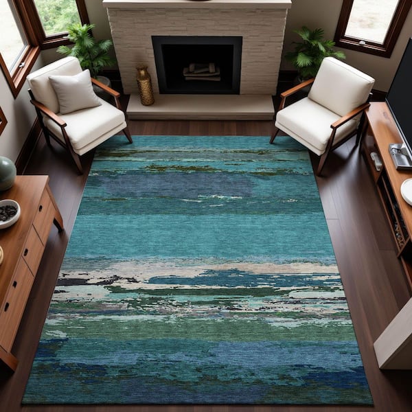 Mayfield Premium Machine Washable Abstract AMF1280 Teal 10 ft. x 14 ft. Area Rug