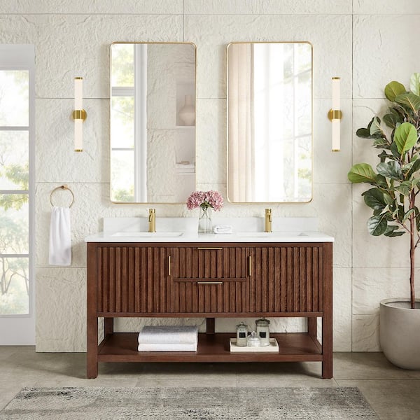 Tehran 60 in.W x 22 in.D x 33.9 in.D Double Bath Vanity in Aged Dark Brown Oak with White Engineered Stone Top