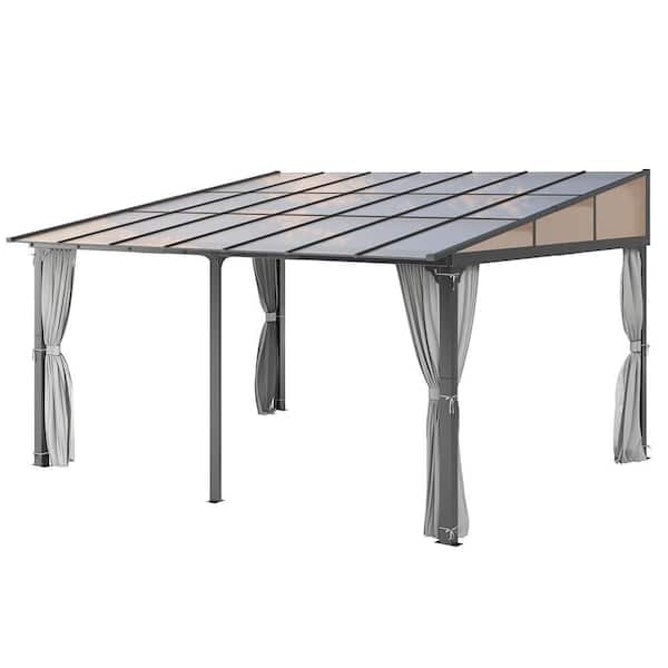 12 ft. x 14 ft. Wall Mounted Gazebo, Patio Aluminum Frame Lean-to Gazebos with Curtains and Netting for Garden, Backyard