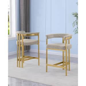 Riley 30 in. Grey Color Low Back Metal Frame Matte Brushed Gold Chrome Base Bar Stool With Boucle Fabric Set of 2