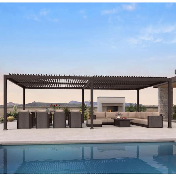 13.1 ft. x 24.9 ft. Bronze Aluminum Outdoor Louvered Pergola with 4-Individual Adjustable Roofs and In-Built Gutter