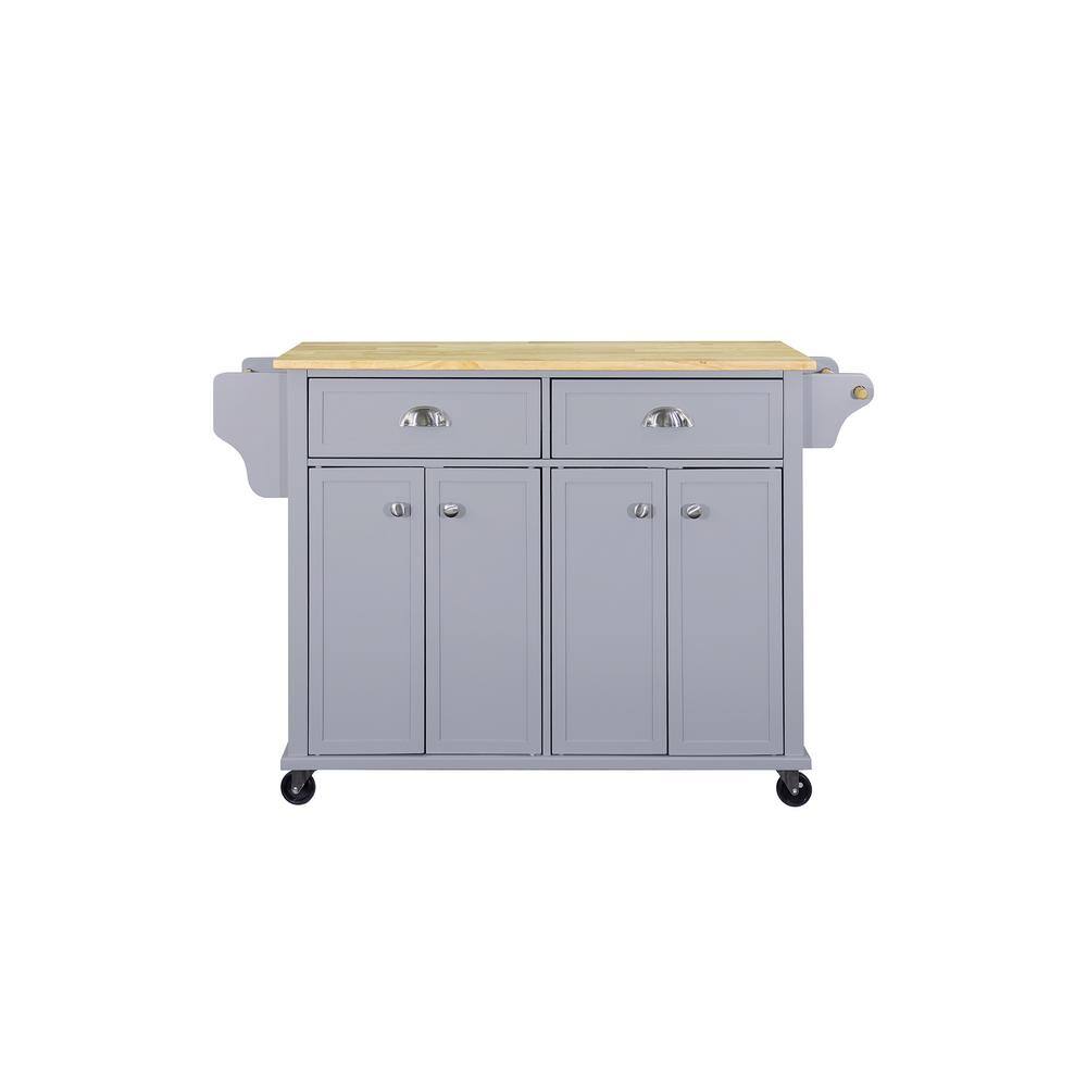 Gray Natural Wood Kitchen Cart with Drop Leaf and Spice Rack
