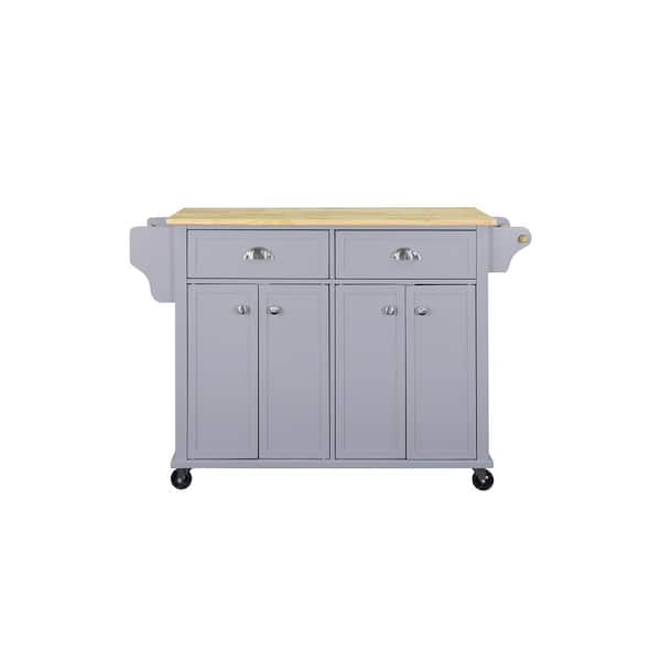 Unbranded Gray Natural Wood Kitchen Cart with Drop Leaf and Spice Rack