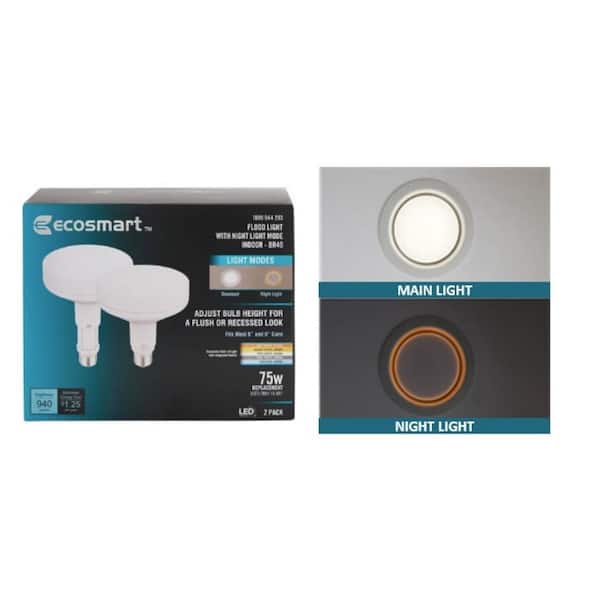 EcoSmart 75-Watt Equivalent BR40 Adjustable White Dimmable Indoor Flood LED Light Bulb Adjustable Base and Night Light (2-Pack)