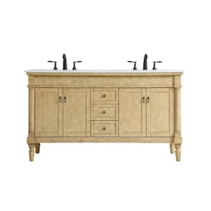Timeless Home 60 in. W x 21.5 in. D x 35 in. H Double Bathroom Vanity in Antique Beige with White Marble Top and Basin