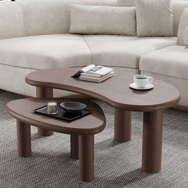 34 in. Walnut Kidney-Shaped Solid Wood Coffee Table with 2 Pieces