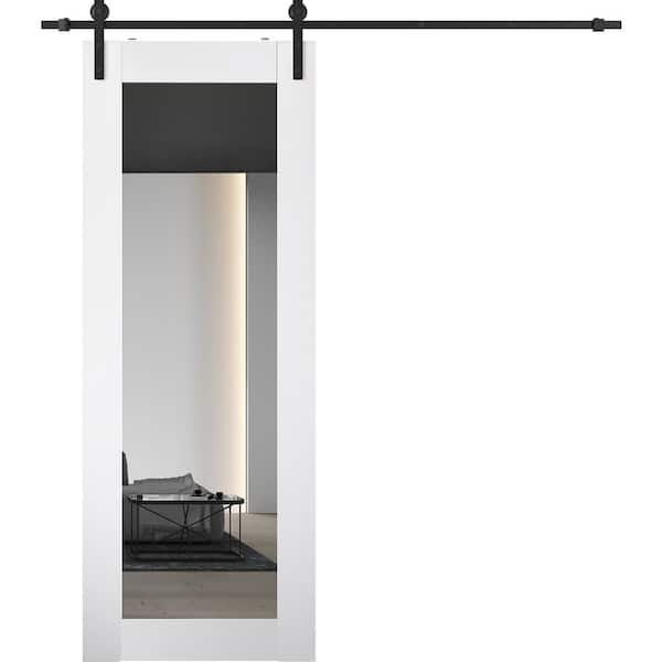 Smart Pro 207 36 in. x 96 in. Full Lite Mirrored Glass Polar White Wood Composite Sliding Barn Door with Hardware Kit