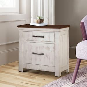 2-Drawer White and Brown Nightstand with Plank Design 32.3 in. H x 20.5 in. W x 27 in. L