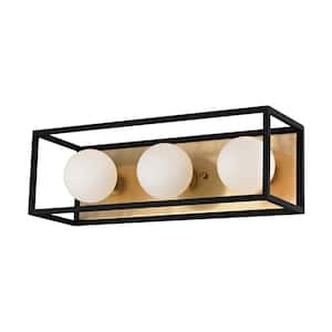 Aira 3-Light Aged Brass 15 in. W LED Bath Light with Opal Etched Glass and Black Accents